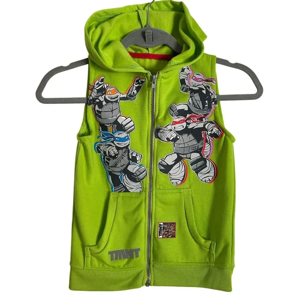 Nickelodeon TMNT Green Graphic Kid's Full Zip Hooded Sweater Vest Size 8